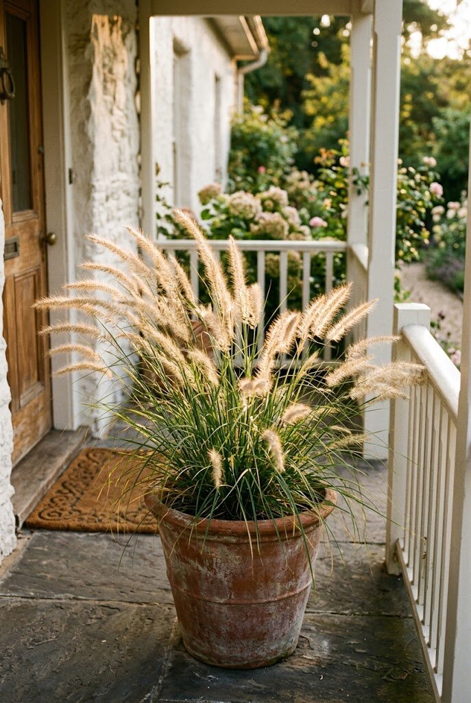 ornamental fountain grass swaying in a front porch planter