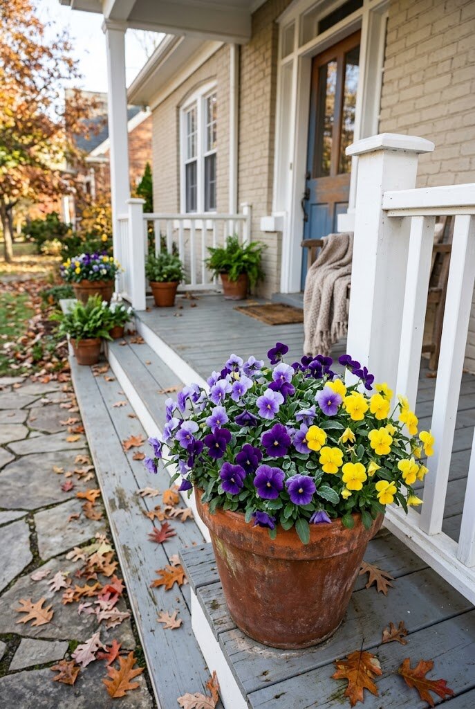purple and yellow pansies in a front porch container during fall