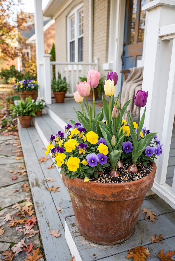 spring pansies and bulbs planted in a front porch container