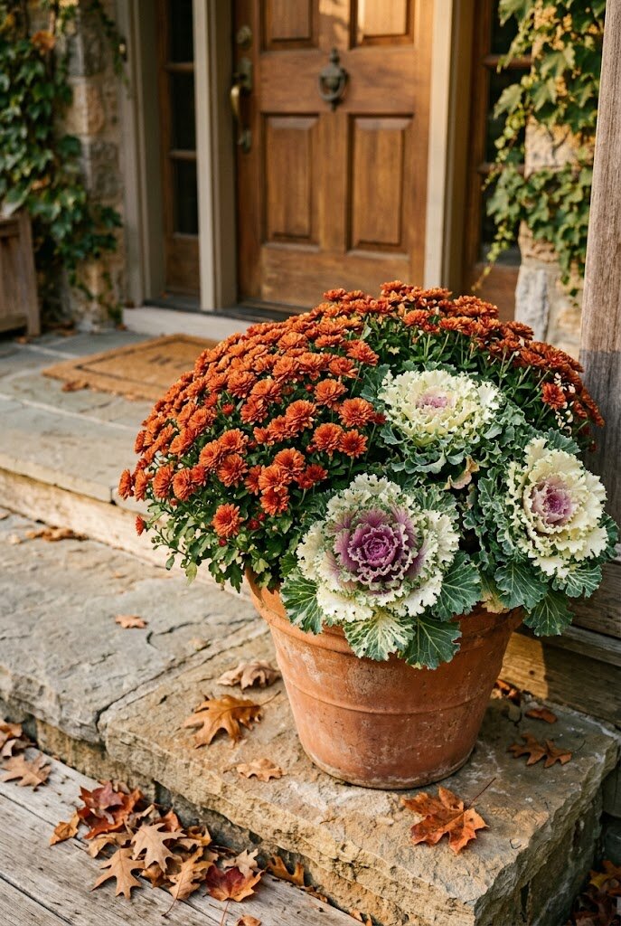 fall mums and ornamental kale arranged on a front porch step