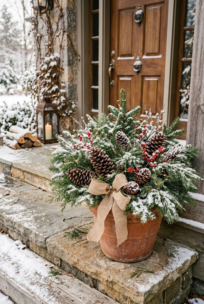 winter evergreen boughs in a front porch planter with snow