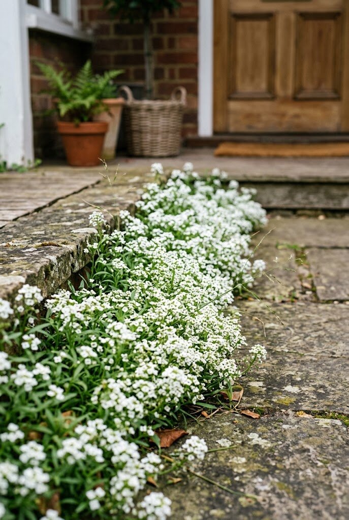 white sweet alyssum flowers trailing along a front porch step