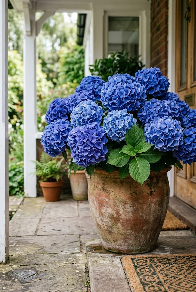 blue mophead hydrangea blooming in a large front porch pot
