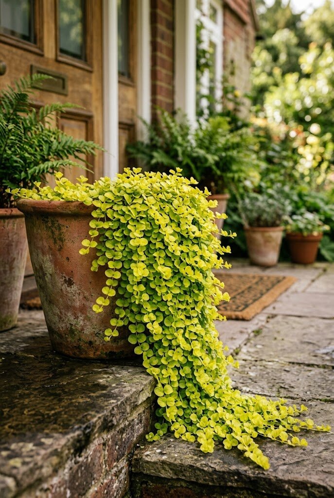 golden creeping jenny trailing over the edge of a front porch planter