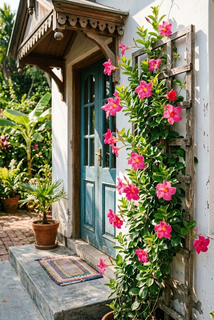 pink mandevilla vine climbing a front porch trellis