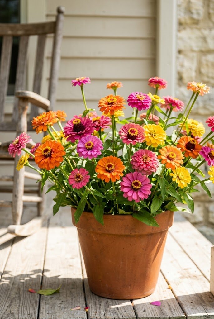 colorful zinnias blooming in a sunny front porch container