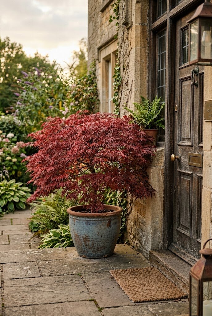 dwarf Japanese maple in a large container beside a front door