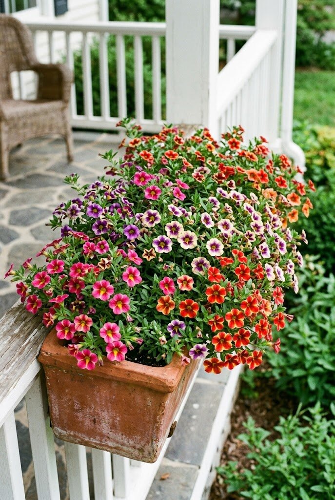 colorful calibrachoa flowers in a front porch window box