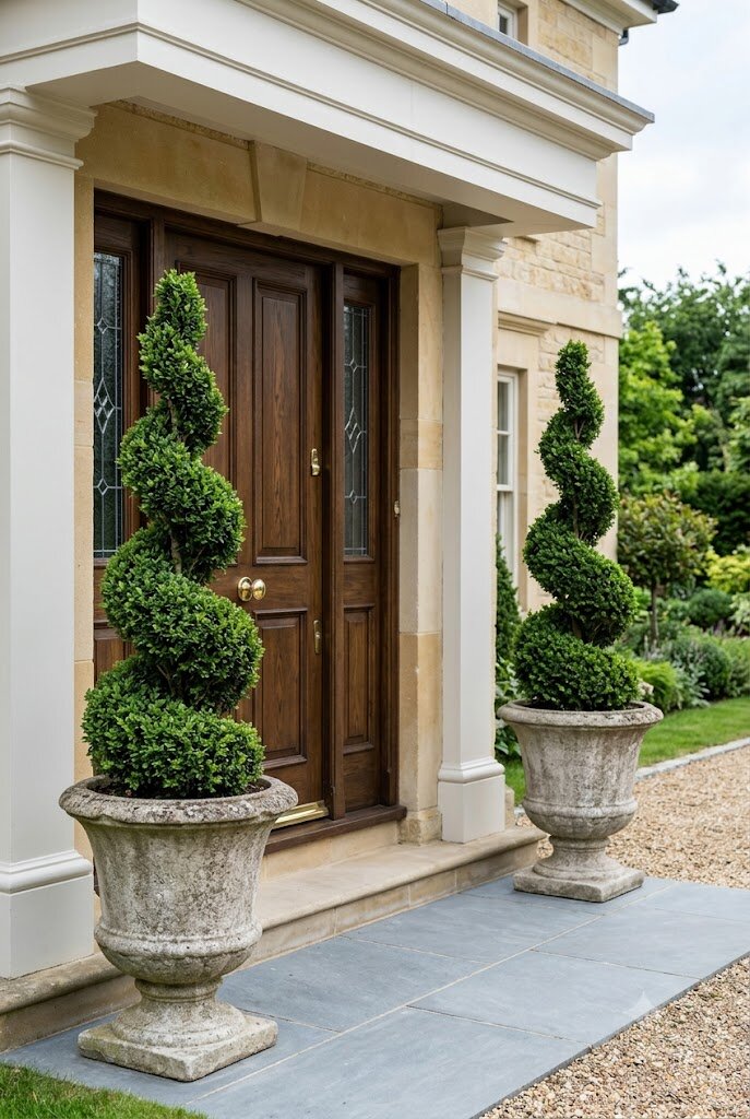 spiral boxwood topiaries in matching planters flanking a front porch entrance