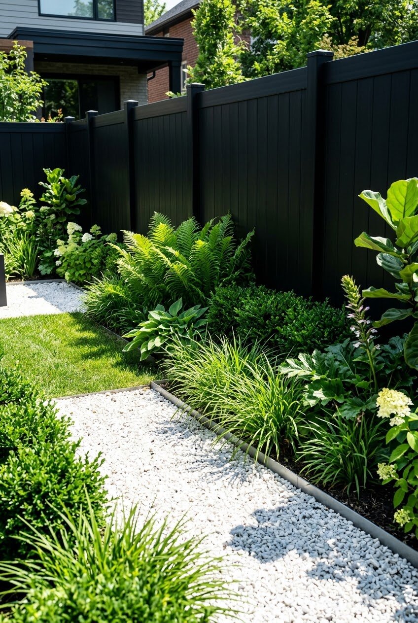 matte black vinyl fence panels with garden plants creating dramatic contrast