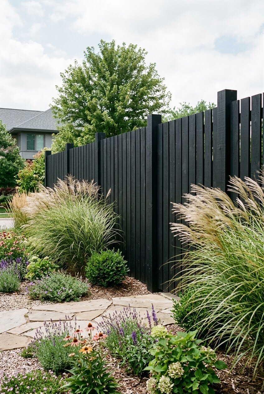 vertical black plank fence design creating bold modern curb appeal
