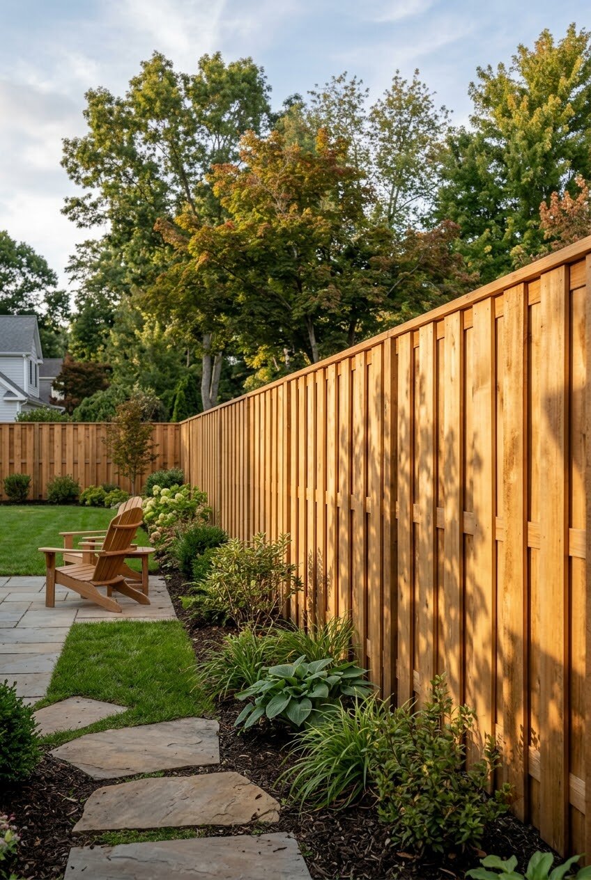 board-on-board wood privacy fence with no gaps between alternating panels