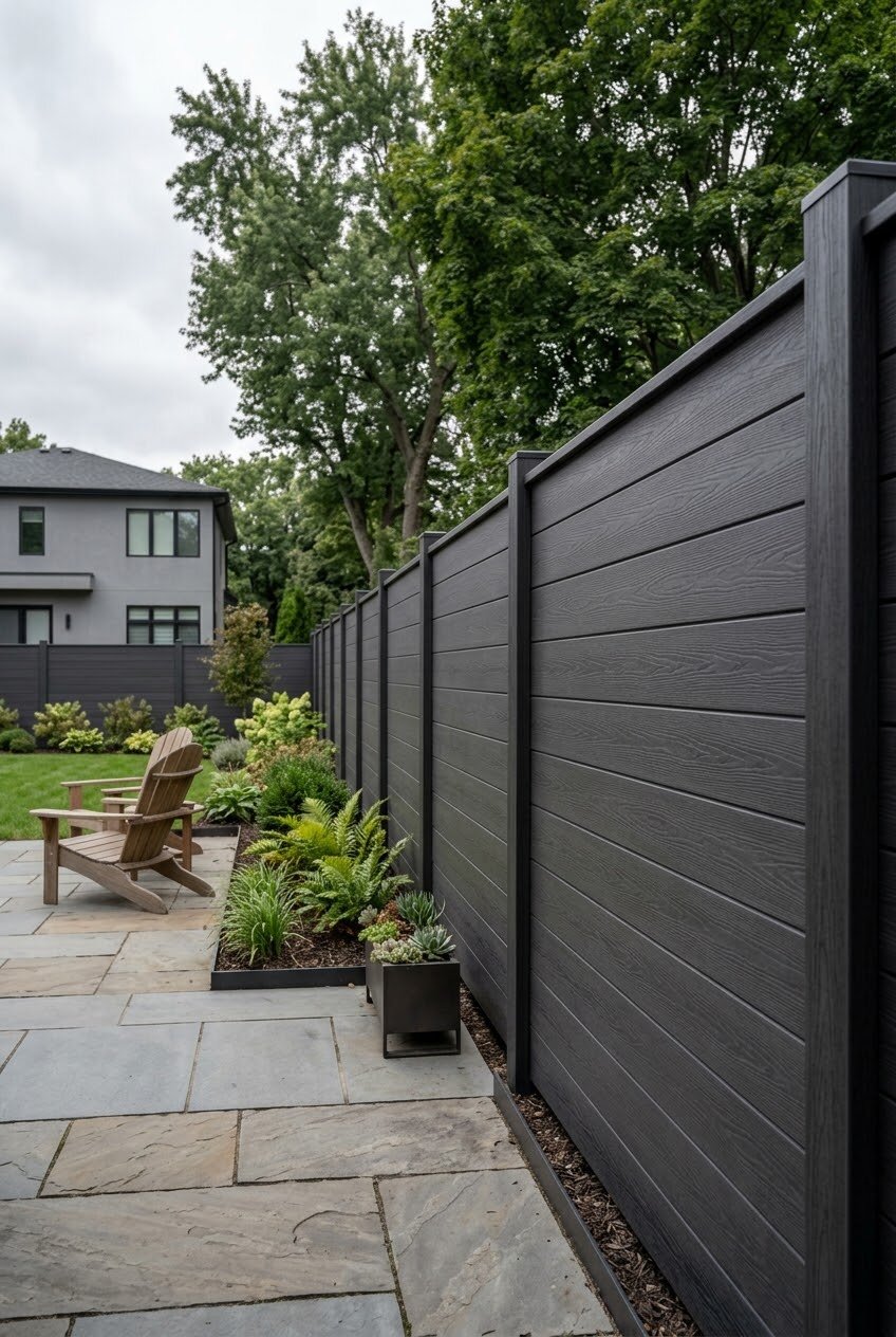 charcoal gray composite fence panels with subtle wood-grain texture