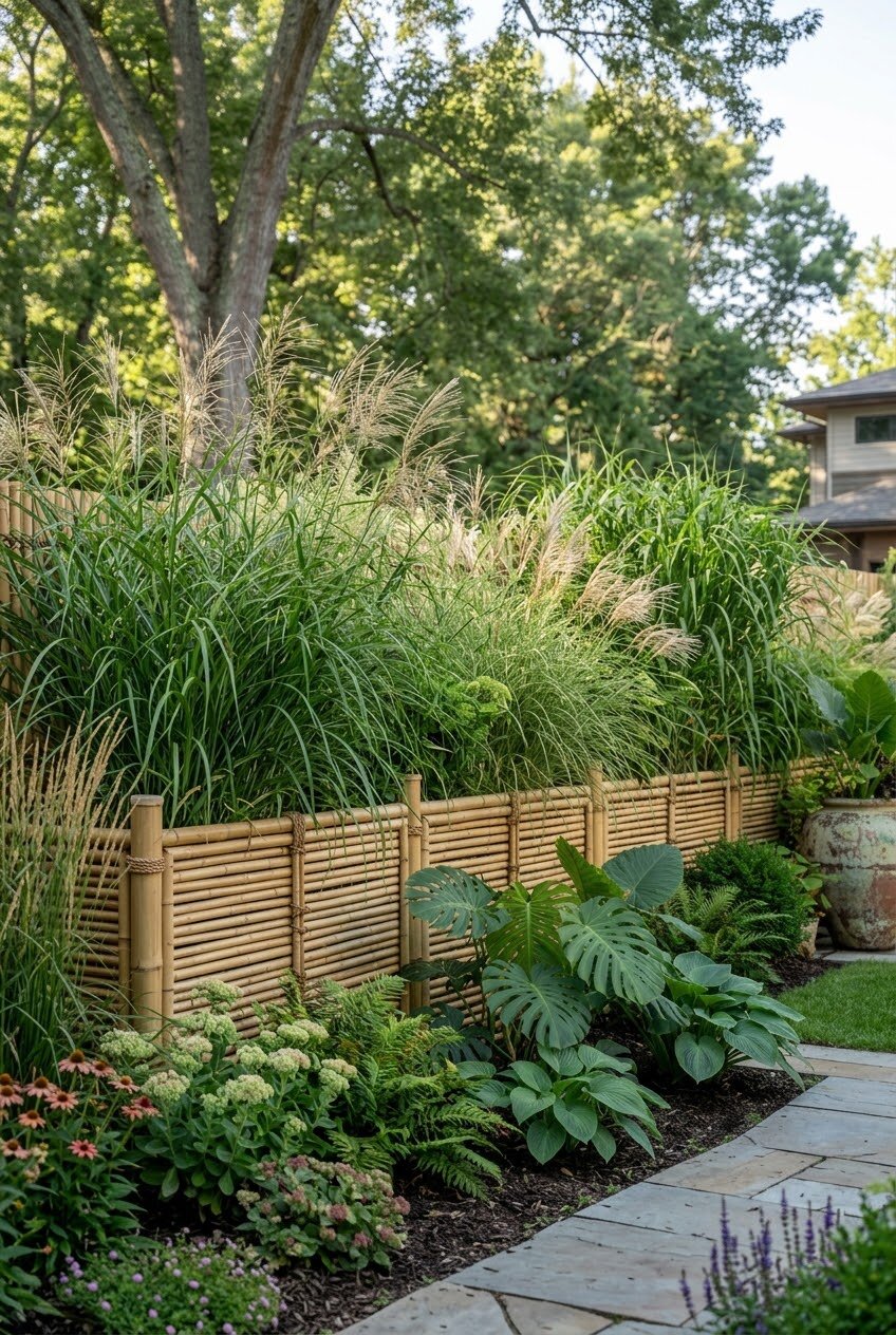 living privacy fence made of layered bamboo and tall ornamental grasses