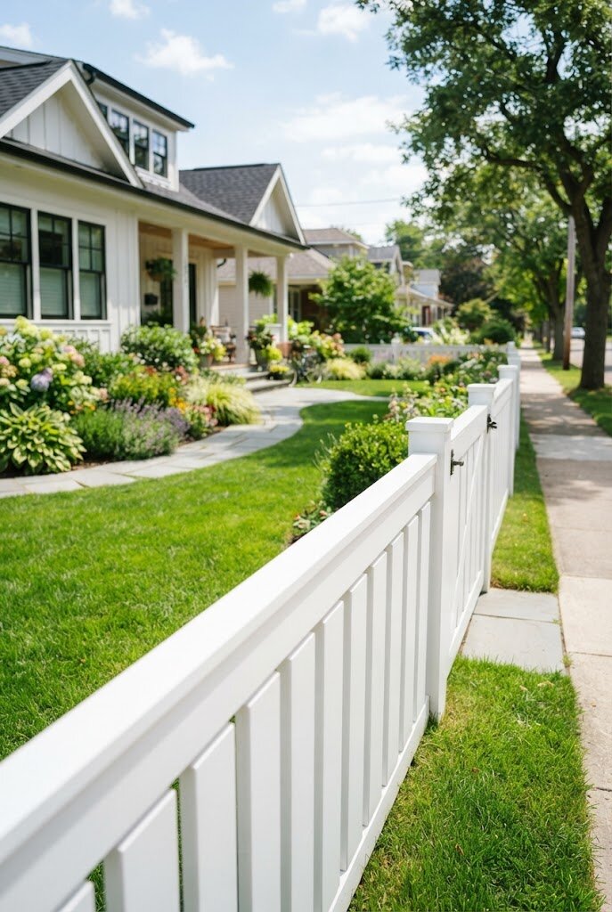 modern picket fence with wide flat-topped boards and minimal gaps