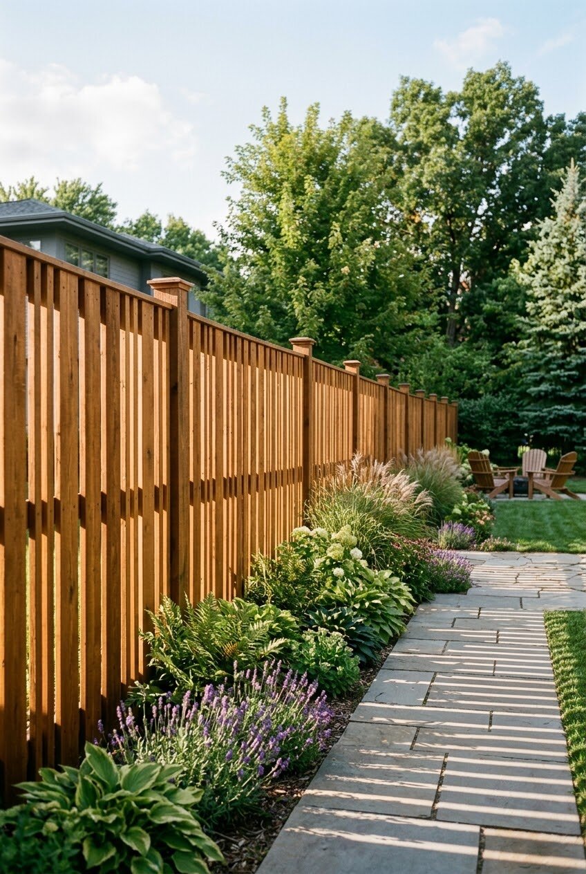 slatted modern fence with alternating gaps allowing light and airflow