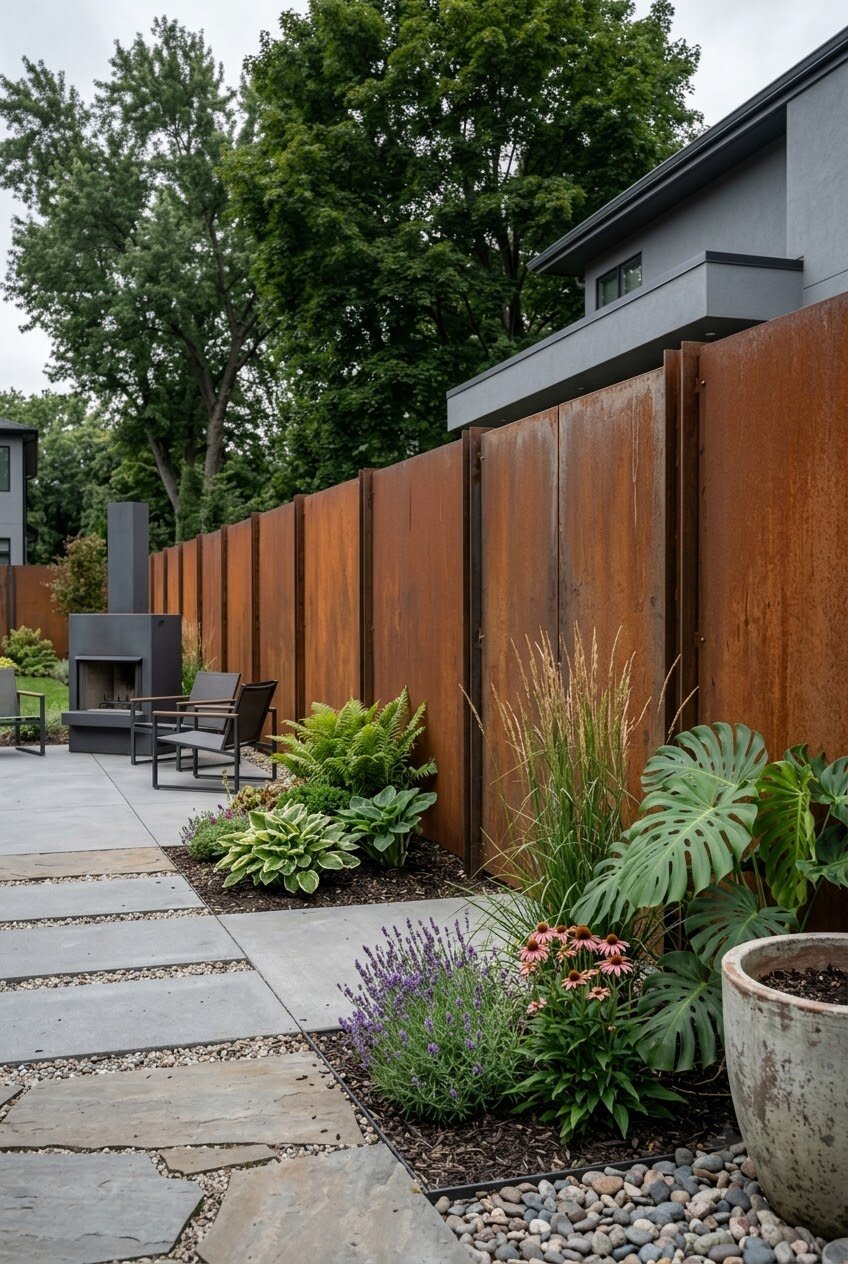 cor-ten steel fence panels with rust patina in industrial modern backyard