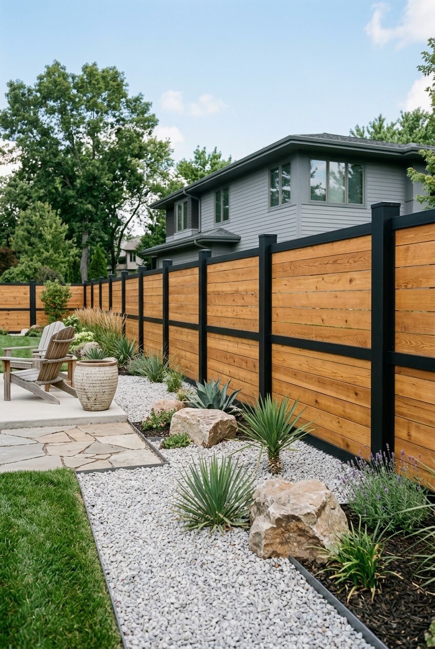 two-tone fence with black metal posts and natural wood panel infill
