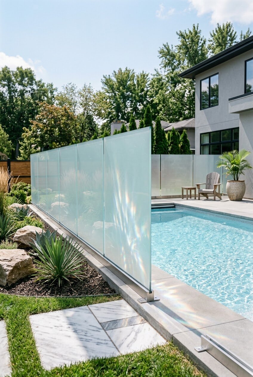 frosted glass privacy fence panels in slim aluminum frame around modern pool