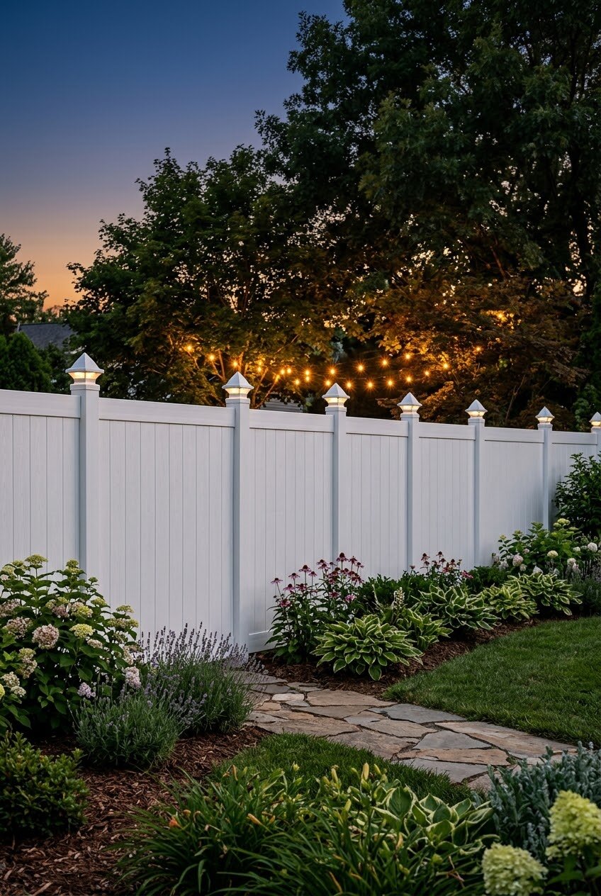 tall vinyl privacy fence with solar-powered decorative post cap lights