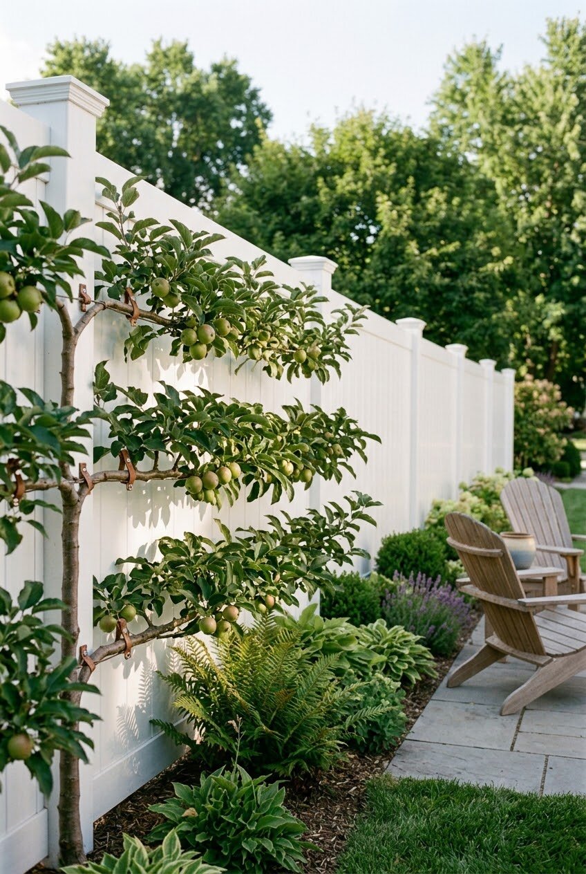 espalier fruit trees trained flat against modern backyard fence
