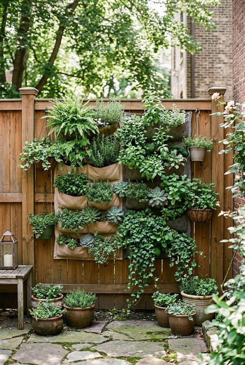 vertical garden wall mounted on modern privacy fence in small backyard