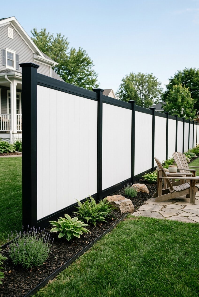two-tone vinyl fence with black frame and white panel infill