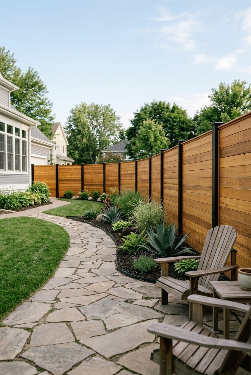 curved modern fence line following garden bed with angled panel sections