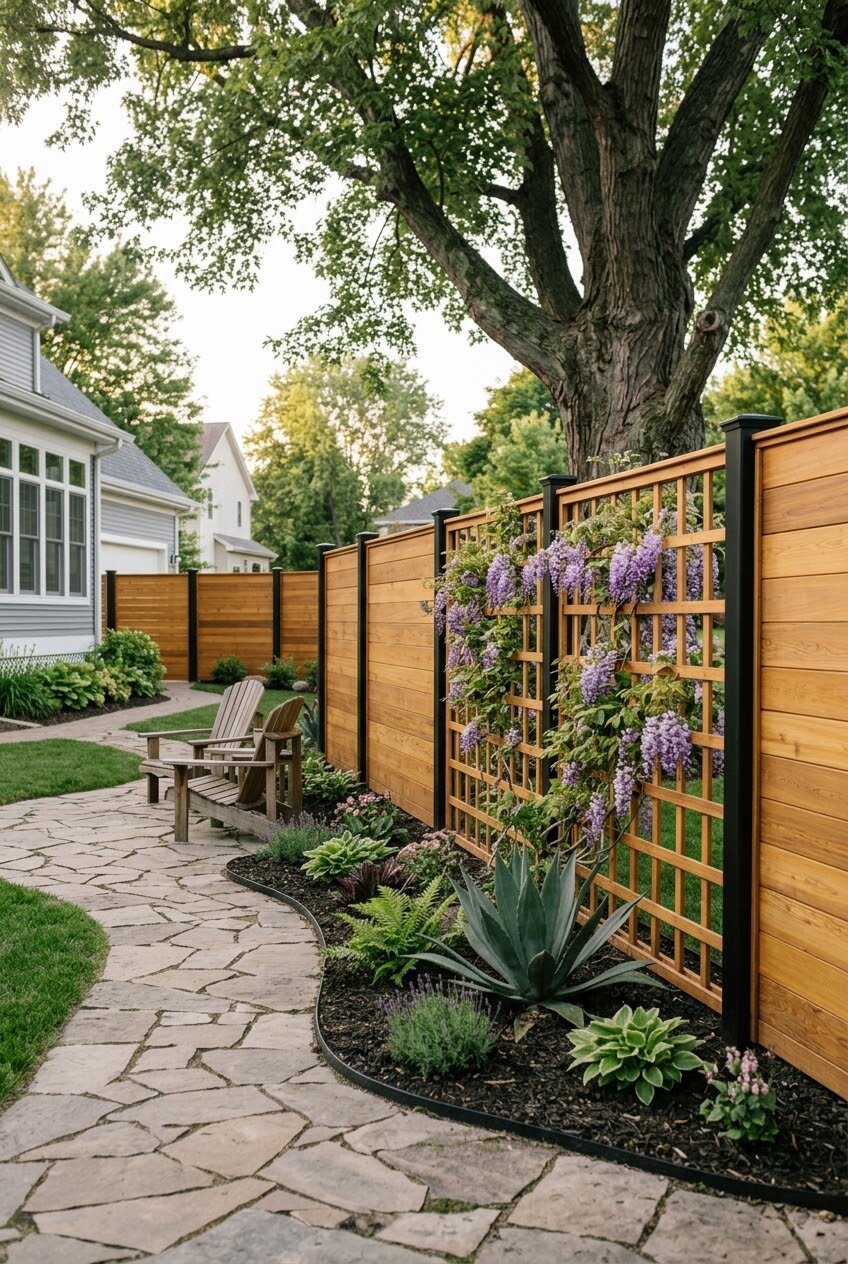 modern fence with integrated trellis panel and climbing vine