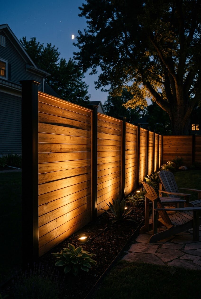 uplit modern privacy fence creating dramatic shadows at night