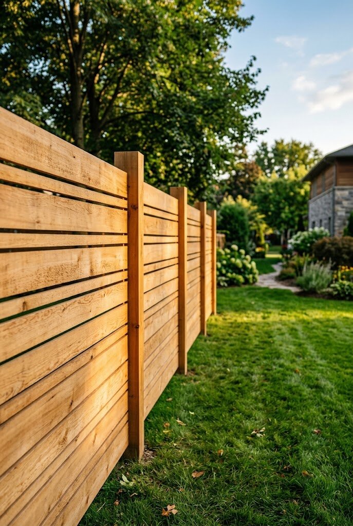 horizontal cedar slat fence with natural unstained wood finish