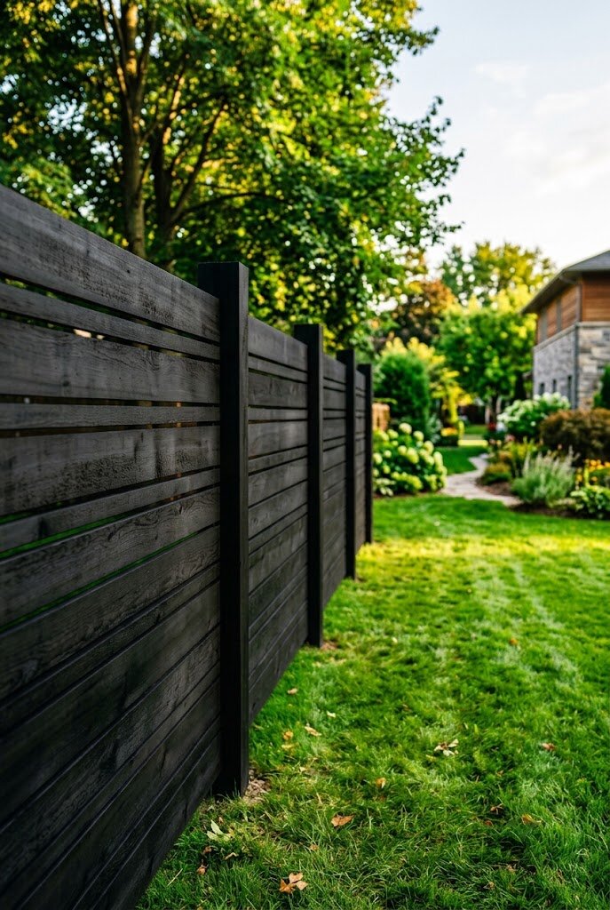 black stained horizontal wood fence with bold modern contrast