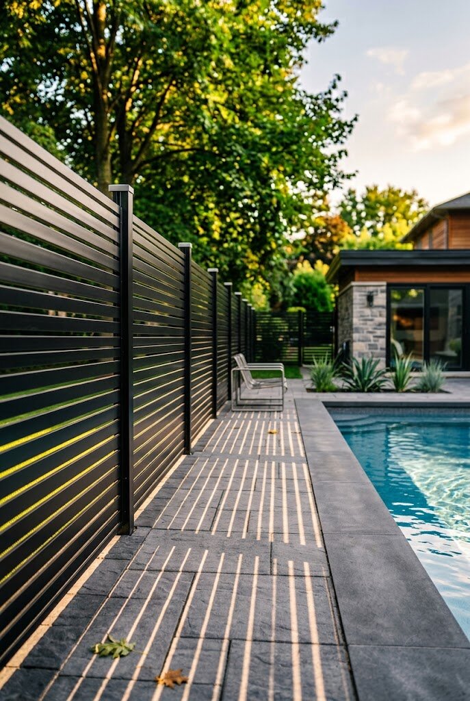 horizontal aluminum metal fence panels in matte black powder coat