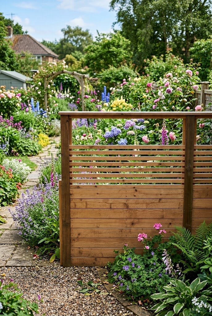 two tier horizontal fence with solid base and slatted top section