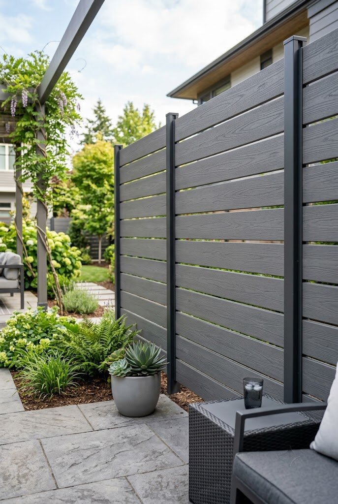mixed width horizontal board fence with textural rhythm pattern