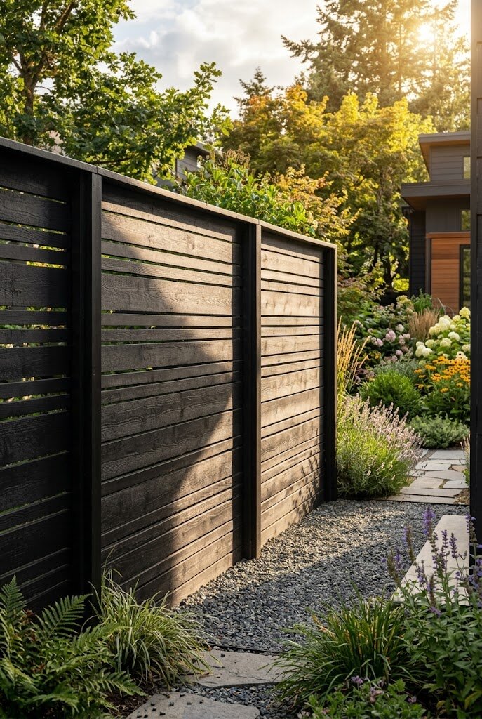horizontal steel panel fence with visible black structural frame