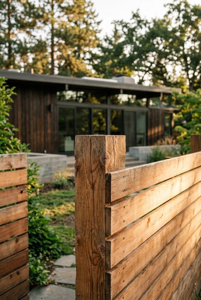 mid century modern horizontal fence with exposed wood fence posts