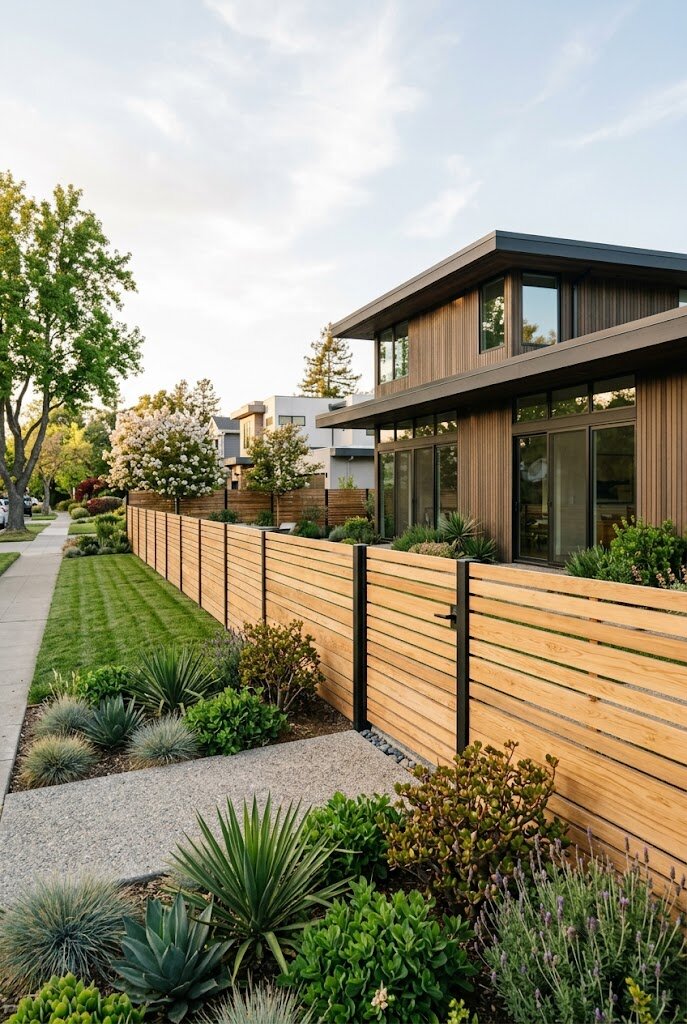 horizontal fence boards against backdrop of mid century modern home exterior