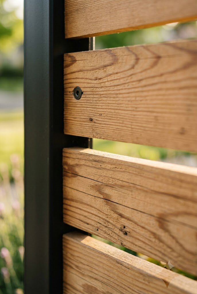 close-up of horizontal board spacing and wood grain on modern fence