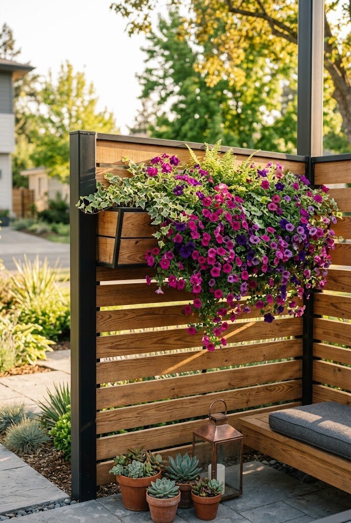 charcoal gray horizontal vinyl fence panels along modern backyard