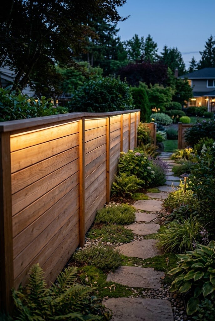 horizontal fence with integrated planter box along top cap rail