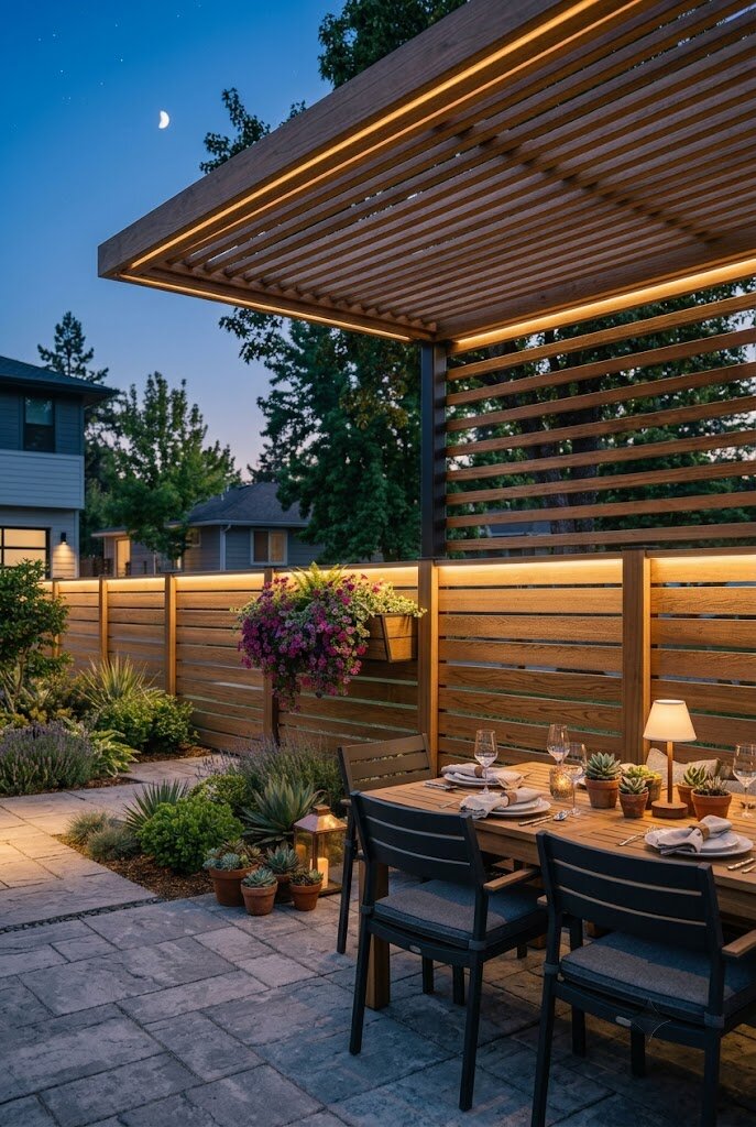 horizontal fence with recessed LED lighting strip along top cap rail