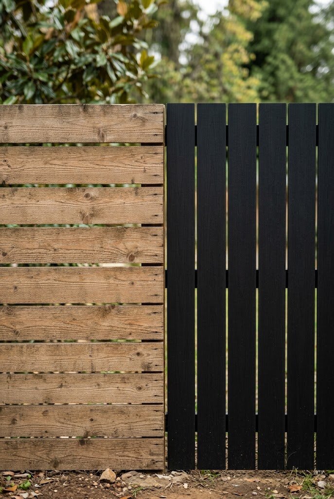horizontal fence design transitioning into matching pergola structure