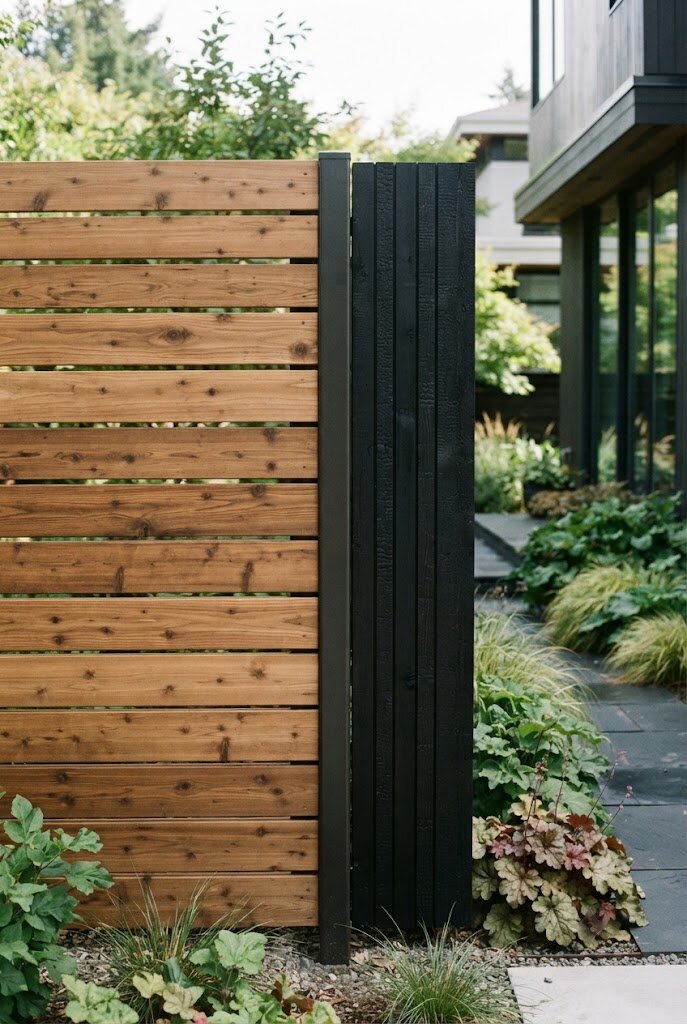 horizontal slat fence section shown beside vertical black plank fence section