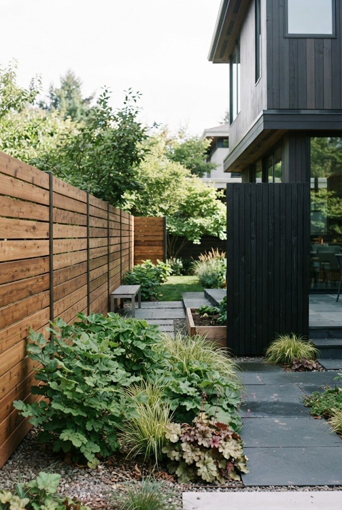 close-up of horizontal fence boards next to vertical black plank fence boards