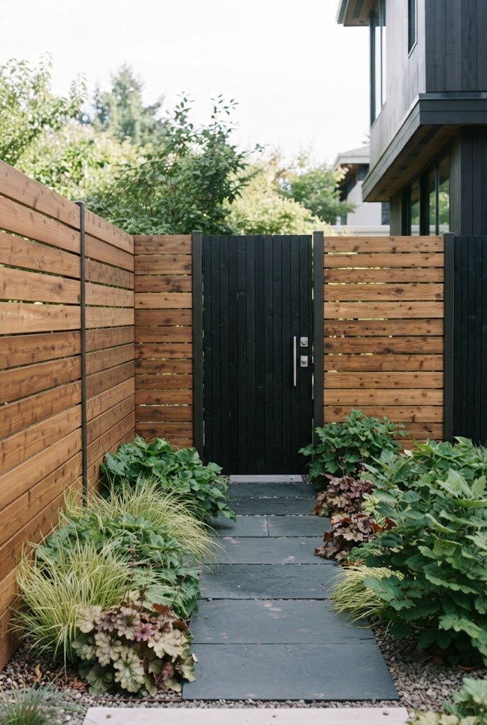full backyard view combining horizontal and vertical black plank fence sections