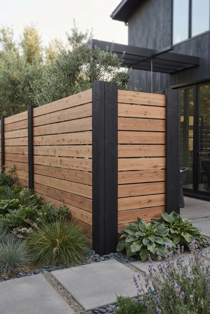 horizontal metal fence panels enclosing modern backyard patio area