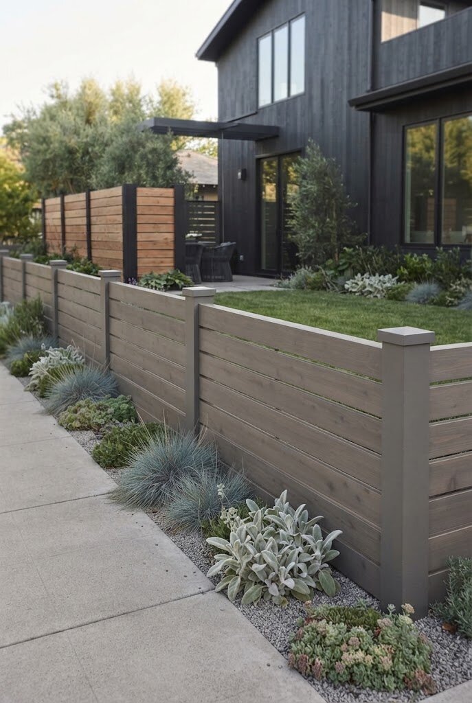 horizontal fence with vertical black plank style corner posts