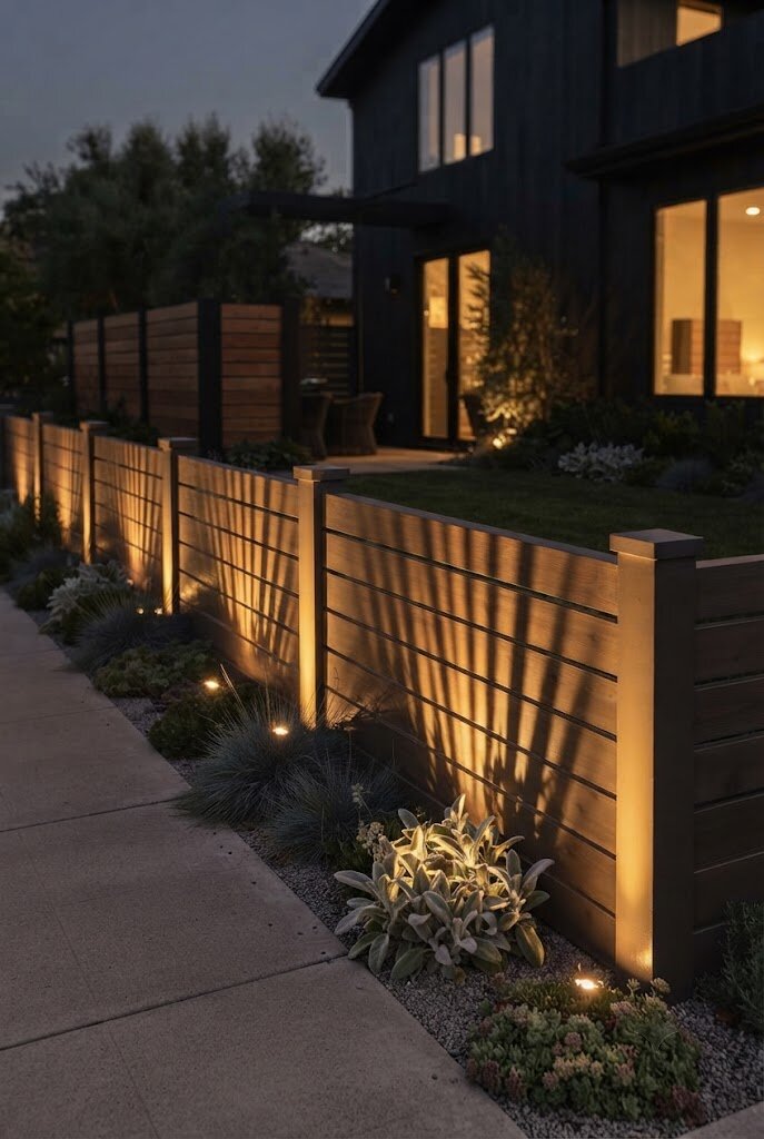 low horizontal fence defining modern front yard property border