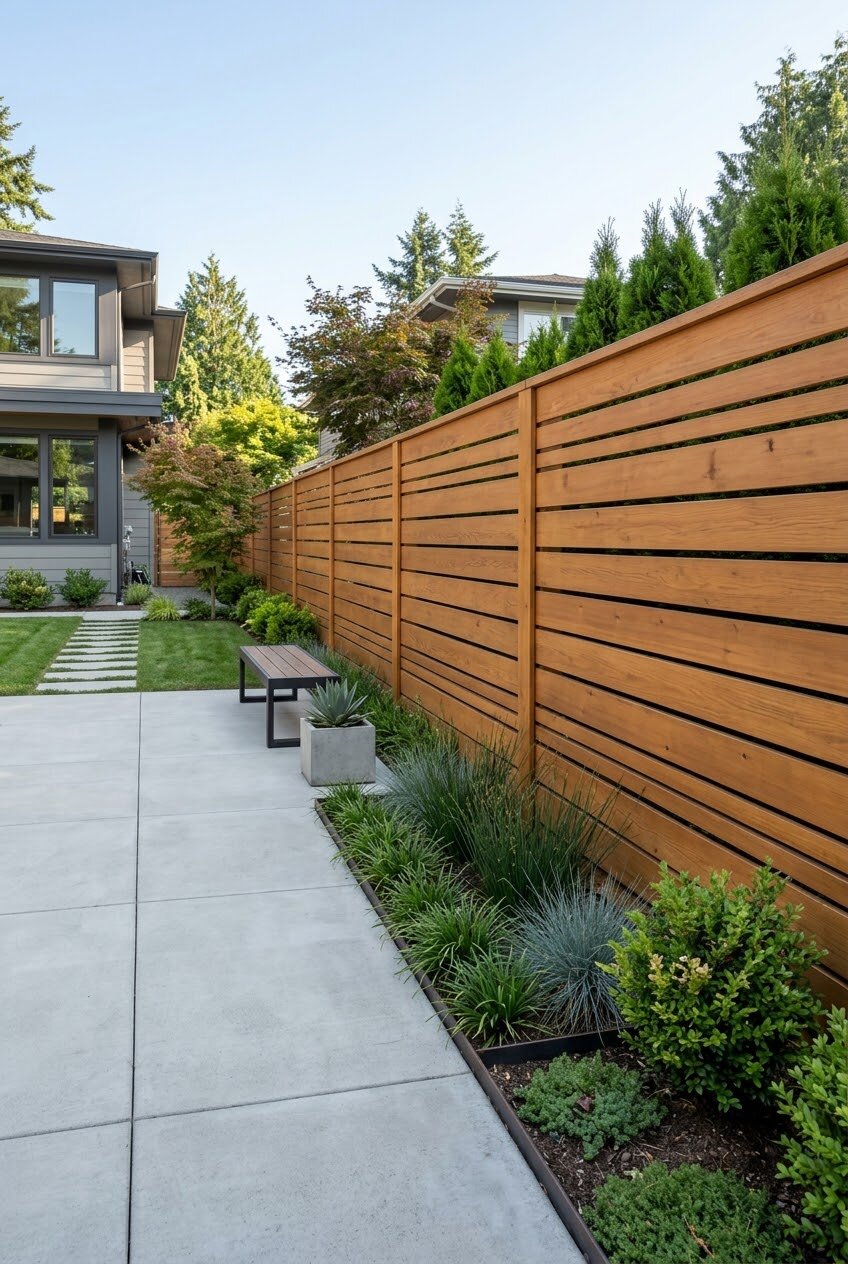 metal fence posts with horizontal wood board fence infill